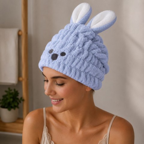 Ręcznik turban do włosów, szybkoschnący - niebieski króliczek REC55WZ2