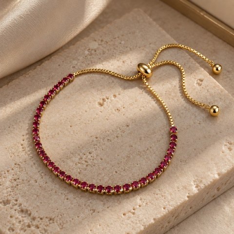 Bransoletka na rękę stal chirurgiczna pozłacana 14k złotem, regulowane zapięcie, cyrkonie red BST1807