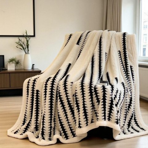 Miękki koc XL, narzuta 150x215cm GRUBY plusz premium w jodełkę ecru-czarny KOC24
