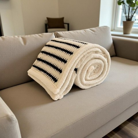 Miękki koc XL, narzuta 150x215cm GRUBY plusz premium w jodełkę ecru-czarny KOC24