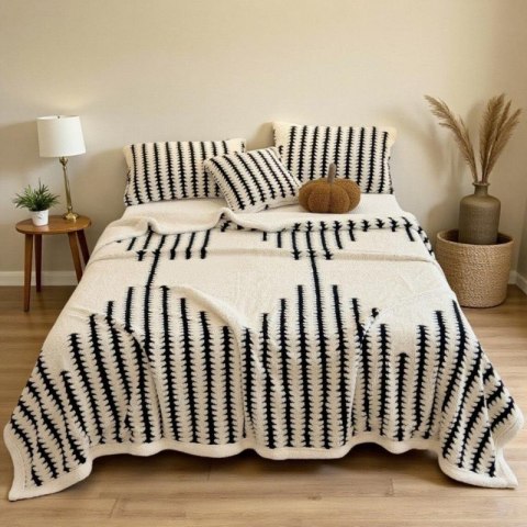Miękki koc XL, narzuta 150x215cm GRUBY plusz premium w jodełkę ecru-czarny KOC24