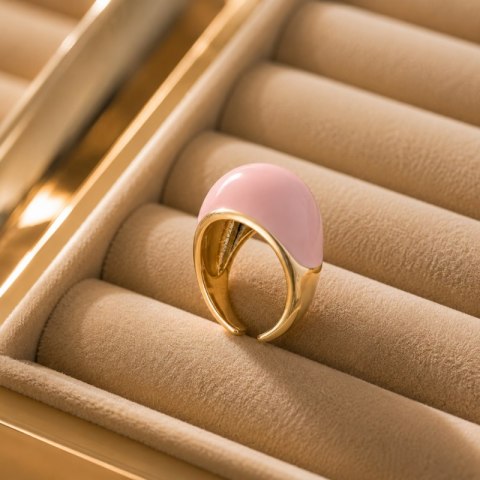 Pierścionek stal szlachetna platerowana 14k złotem, emaliowany jasny róż PST1052