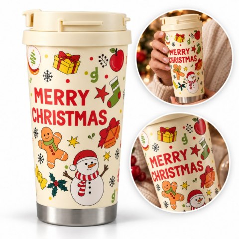 Świąteczny kubek termiczny 520ml z uchwytem i ustnikiem, MERRY CHRISTMAS CUP34