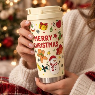 Świąteczny kubek termiczny 520ml z uchwytem i ustnikiem, MERRY CHRISTMAS CUP34