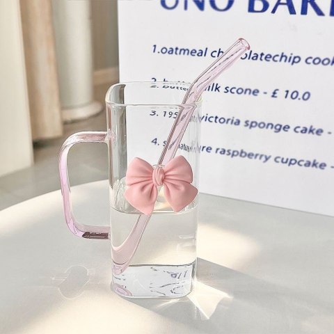 Szklanka prostokątna z kokardką z przykrywką i słomką, 1szt 320ml SZK87