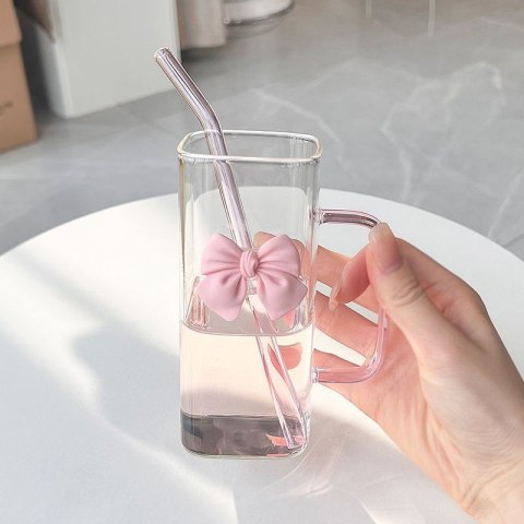 Szklanka prostokątna z kokardką z przykrywką i słomką, 1szt 320ml SZK87