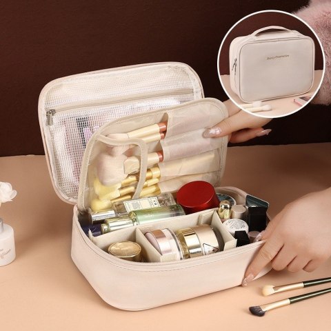 Kosmetyczka rozkładana elegancka kuferek etui z ekoskóry kremowa KS146K
