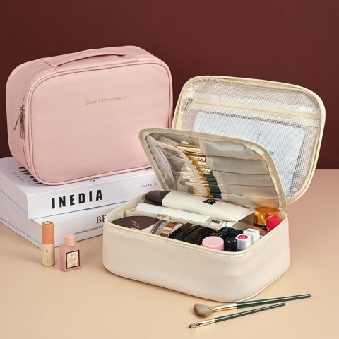 Kosmetyczka rozkładana elegancka kuferek etui z ekoskóry kremowa KS146K