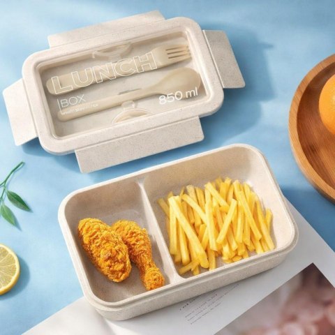 Lunch box, śniadaniówka ze sztućcami beżowy przegródki 850 ml PJM46