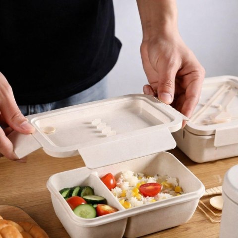 Lunch box, śniadaniówka ze sztućcami beżowy przegródki 850 ml PJM46