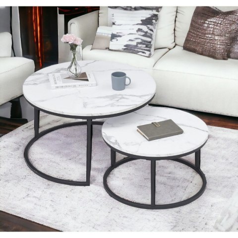 Zestaw okrągłych stolików kawowych 2w1 biały marmur 60 i 80 cm STL14