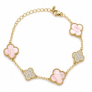 Bransoletka na rękę stal chirurgiczna pozłacana 14k złotem, różowa koniczyna BST1615