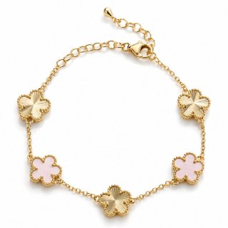 Bransoletka na rękę stal chirurgiczna pozłacana 14k złotem, różowa koniczyna BST1619