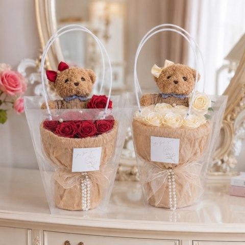 Flower box, bukiet zapachowych kwiatów mydlanych z MISIEM 8szt. BUK31CZE
