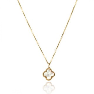 Naszyjnik stal szlachetna pozłacana 14k złotem, koniczynka 13mm, masa perłowa NST2301
