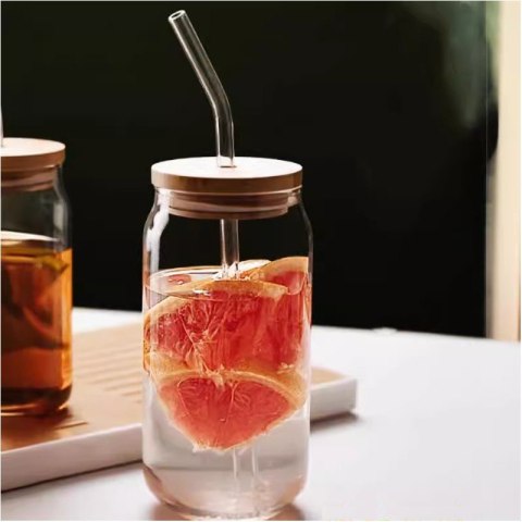 Szklanka 350ml z rurka i drewnianą przykrywka 1szt. do kawy, koktajli SZK210