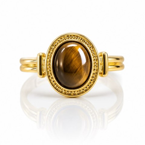 Pierścionek stal szlachetna platerowana 14k złotem, regulowany kamień TIGER STONE PST1050